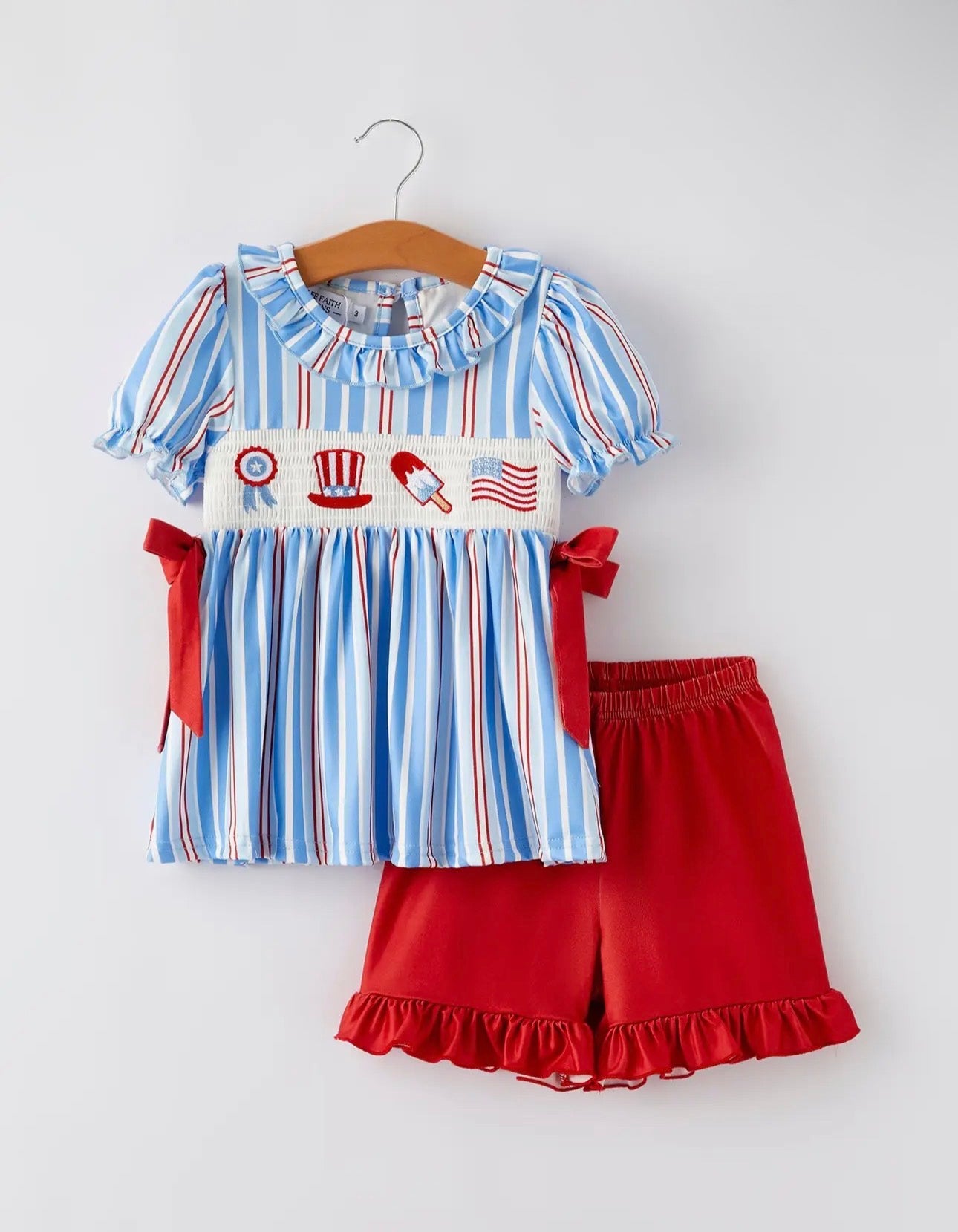 4th of July Girls Ice cream Striped Smocking Embroidered Set