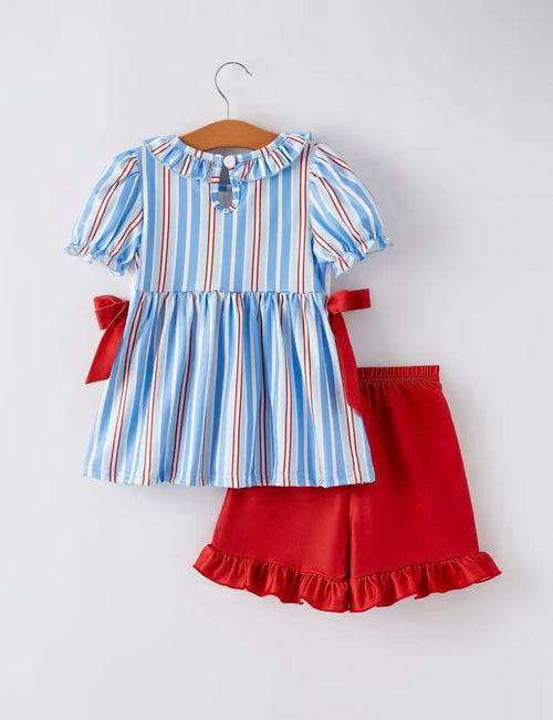 4th of July Girls Ice cream Striped Smocking Embroidered Set