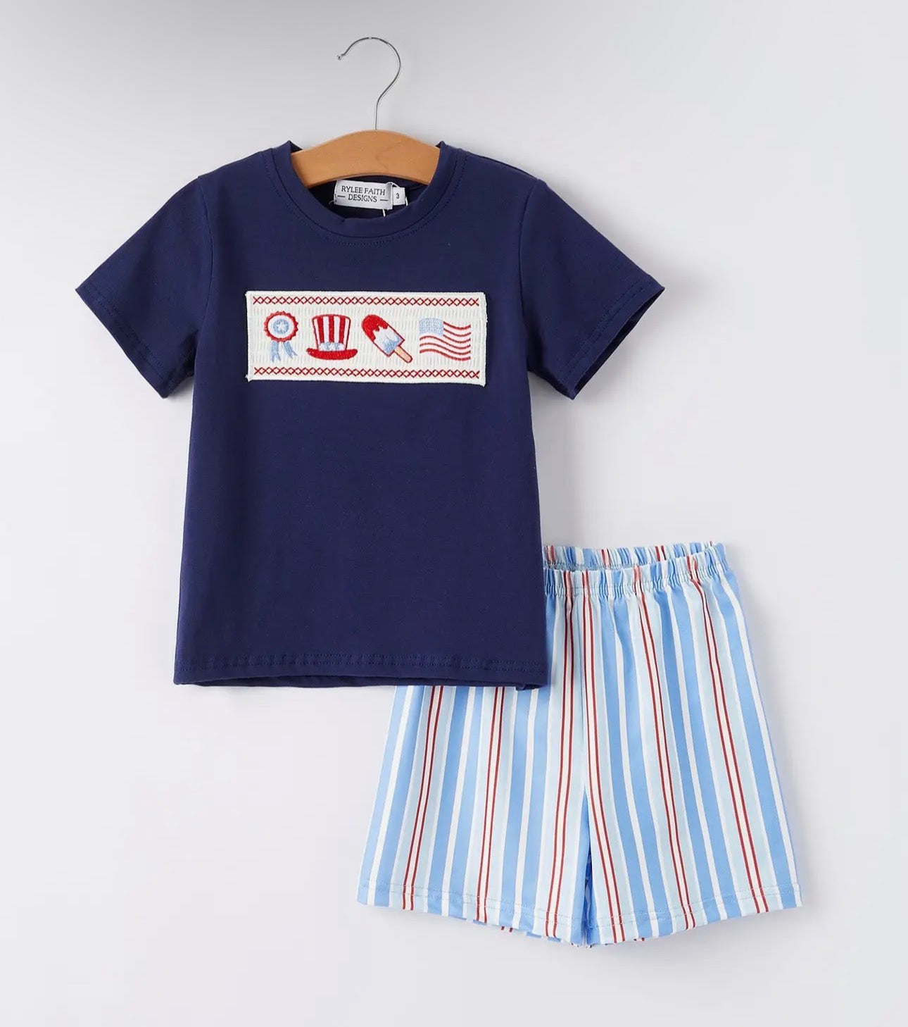 4TH Of July Flag Medal Ice Cream Smocked and Embroidered Boys Short Sleeved Shorts