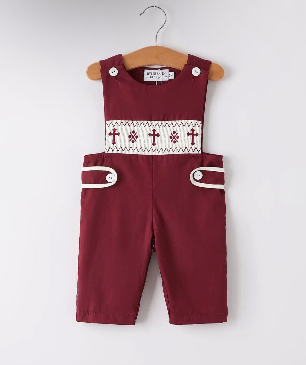 Dark Red Smocked Church Christ Bishop Christening Boy's Romper
