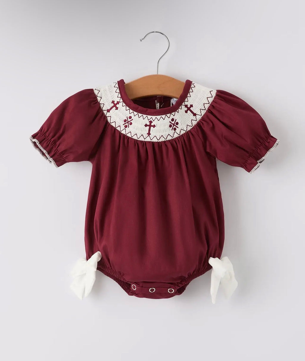 Dark Red Smocked Church Christ Bishop Christening Girls Romper