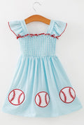Girls Blue Striped Baseball Applique Smocked Dress Flutter Sleeves