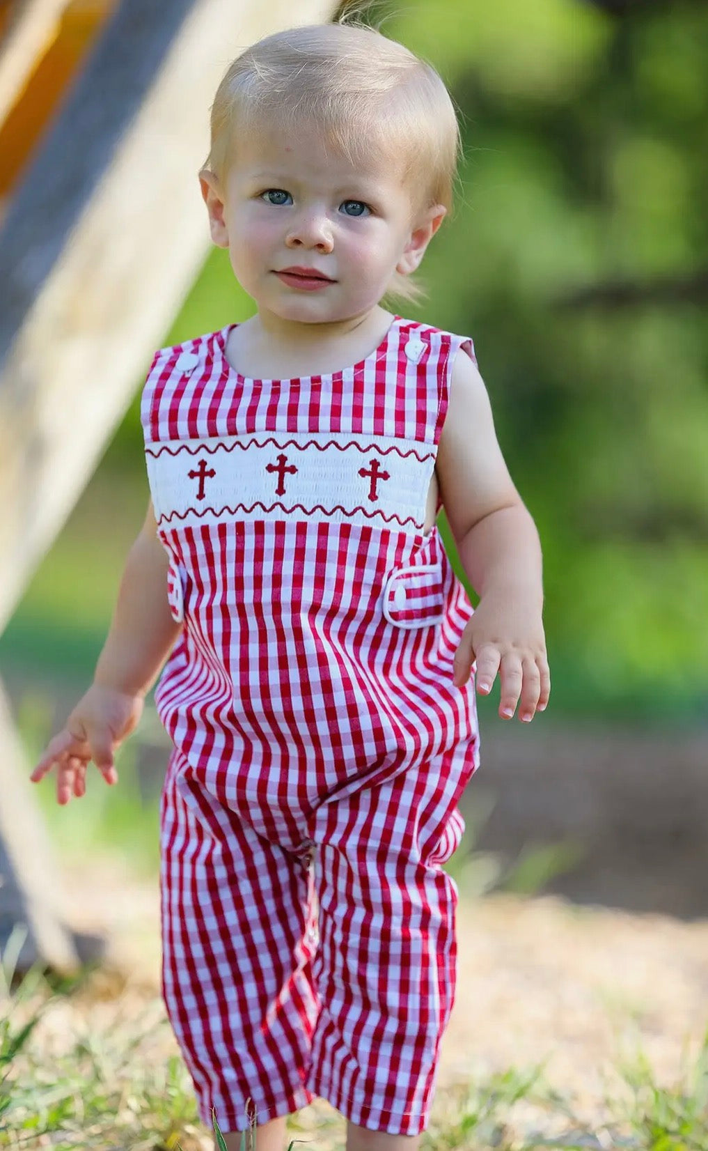 Red Plaid Smocked Church Christ Bishop Baby Boys' Romper