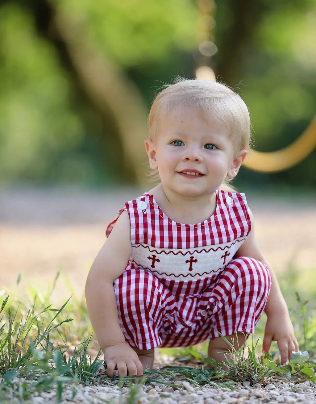 Red Plaid Smocked Church Christ Bishop Baby Boys' Romper