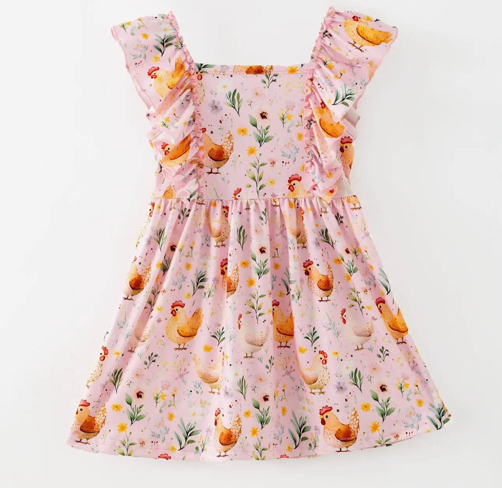 Girls Pink Hen Ruffle Dress