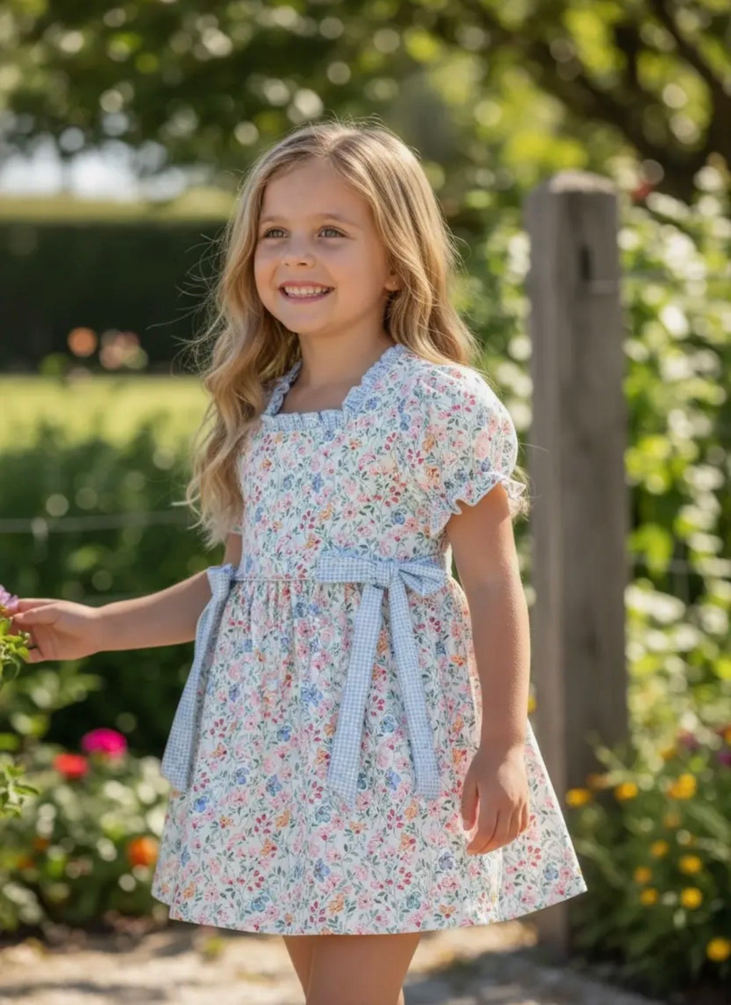 Blue & Coral Floral Dress w/ Square Neckline and Side Bows