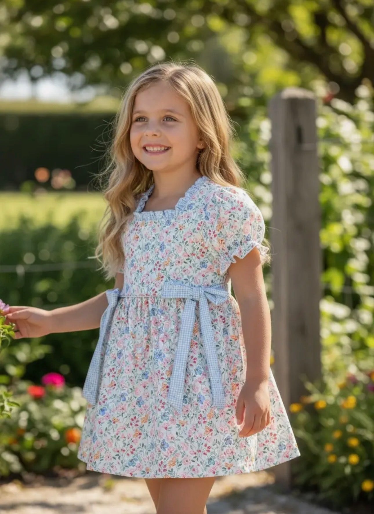 Blue & Coral Floral Dress w/ Square Neckline and Side Bows
