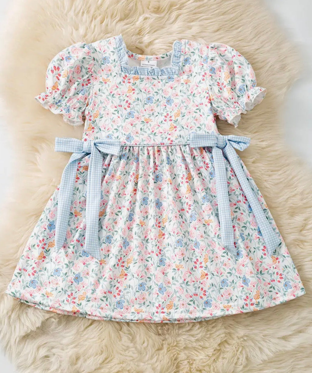 Blue & Coral Floral Dress w/ Square Neckline and Side Bows