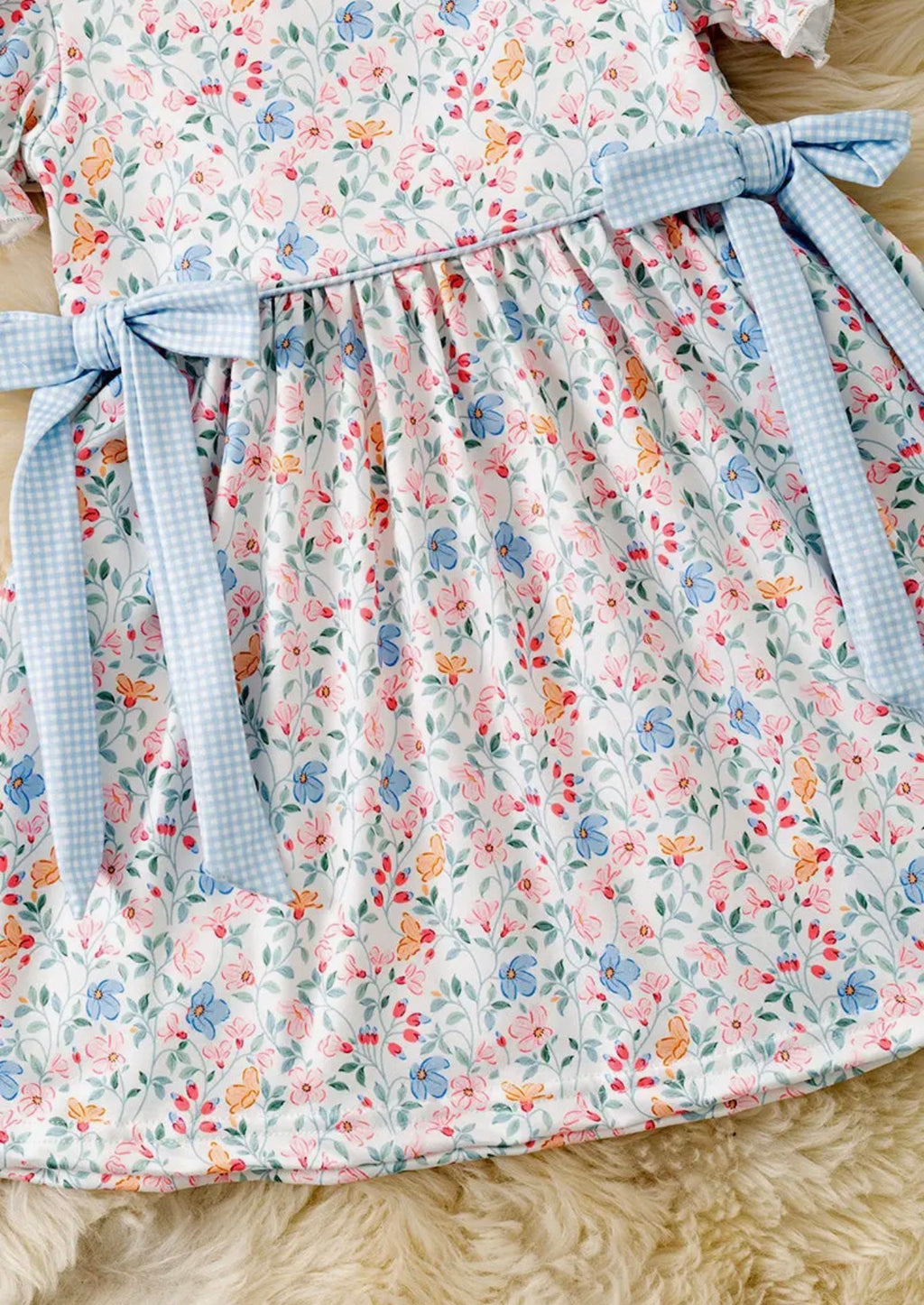 Blue & Coral Floral Dress w/ Square Neckline and Side Bows