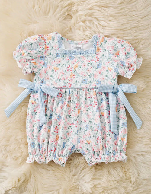 Blue and Coral Floral Baby Romper