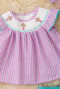 Cross Embroidered Smock Neckline Baby Tunic & Bloomers