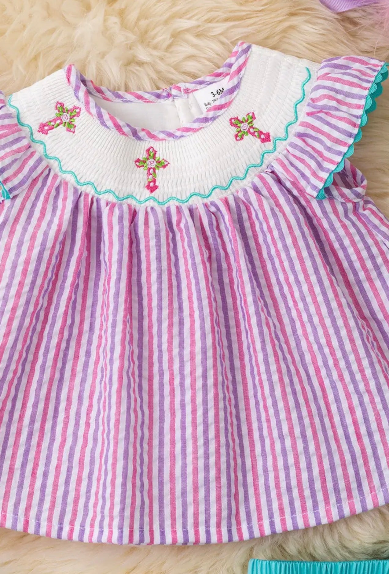Cross Embroidered Smock Neckline Baby Tunic & Bloomers