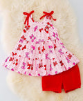 Bow Printed Ruffle Tunic w/ Red Shorts