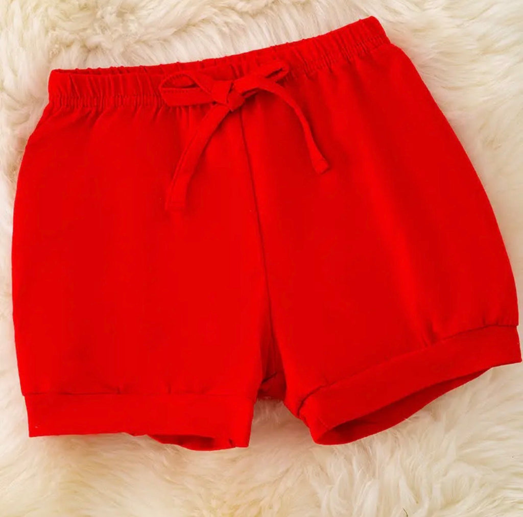 Bow Printed Ruffle Tunic w/ Red Shorts