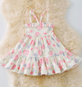 Pink Rose Printed Girls Dress w/ Ruffle Hem