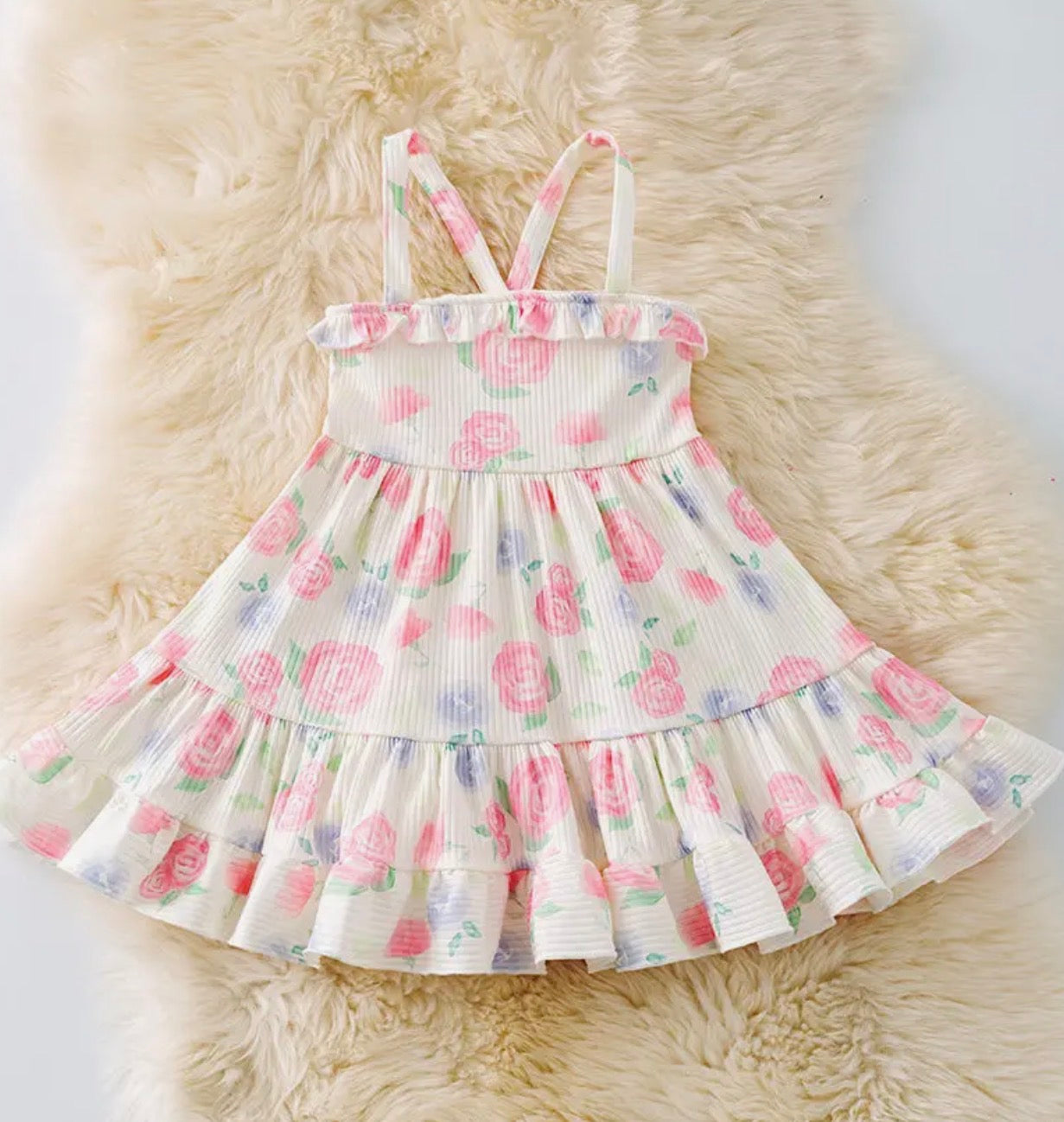 Pink Rose Printed Girls Dress w/ Ruffle Hem