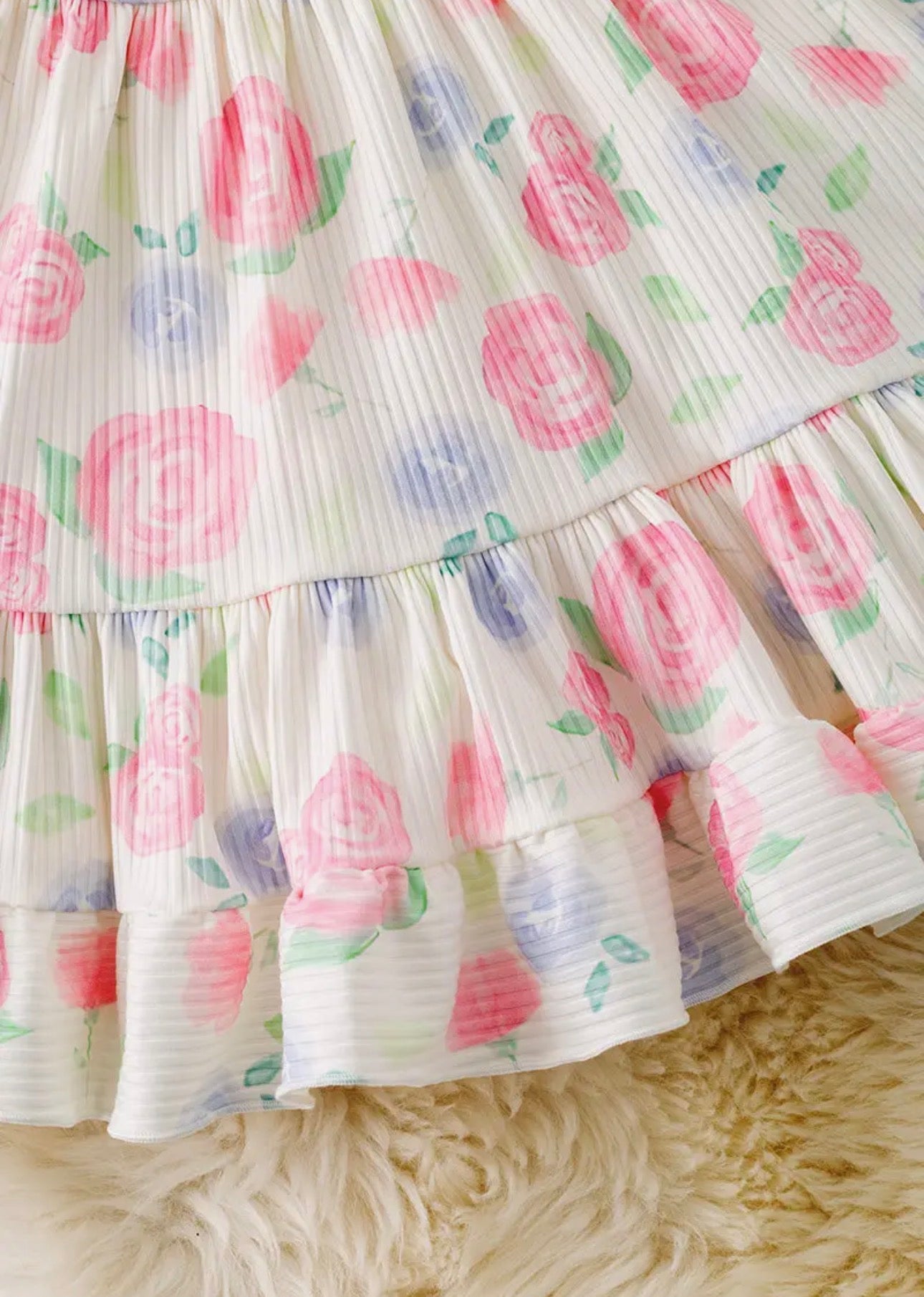 Pink Rose Printed Girls Dress w/ Ruffle Hem