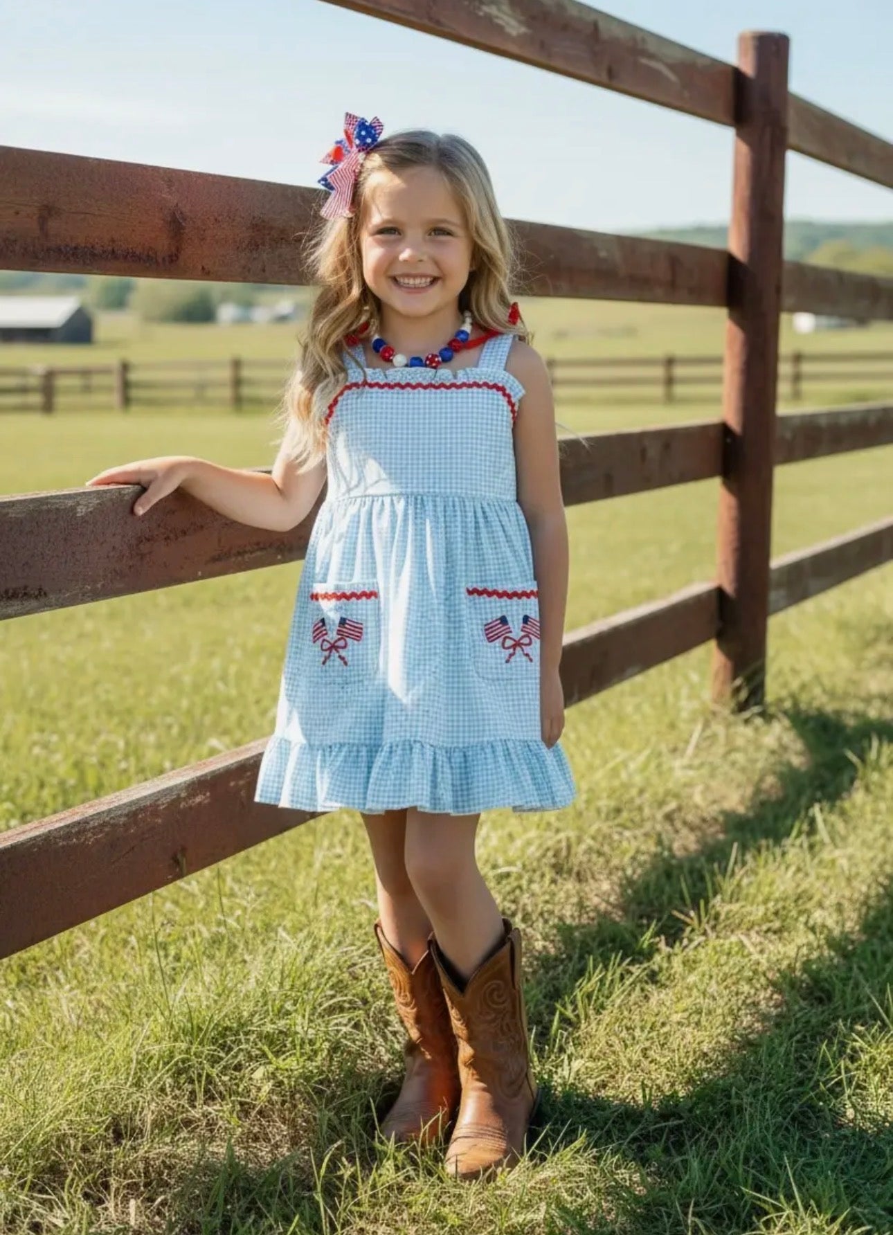 Patriotic Front Pocket Gingham Ruffle Hem Dress