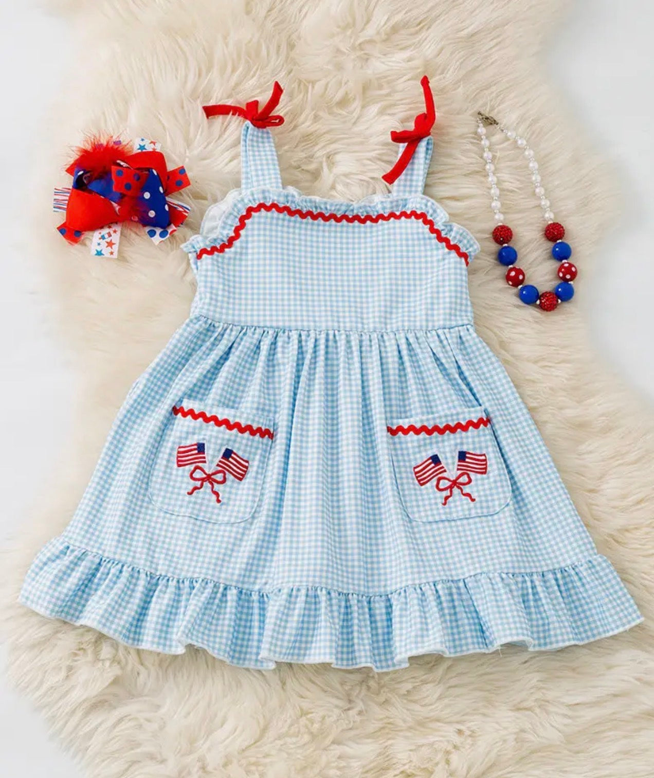 Patriotic Front Pocket Gingham Ruffle Hem Dress