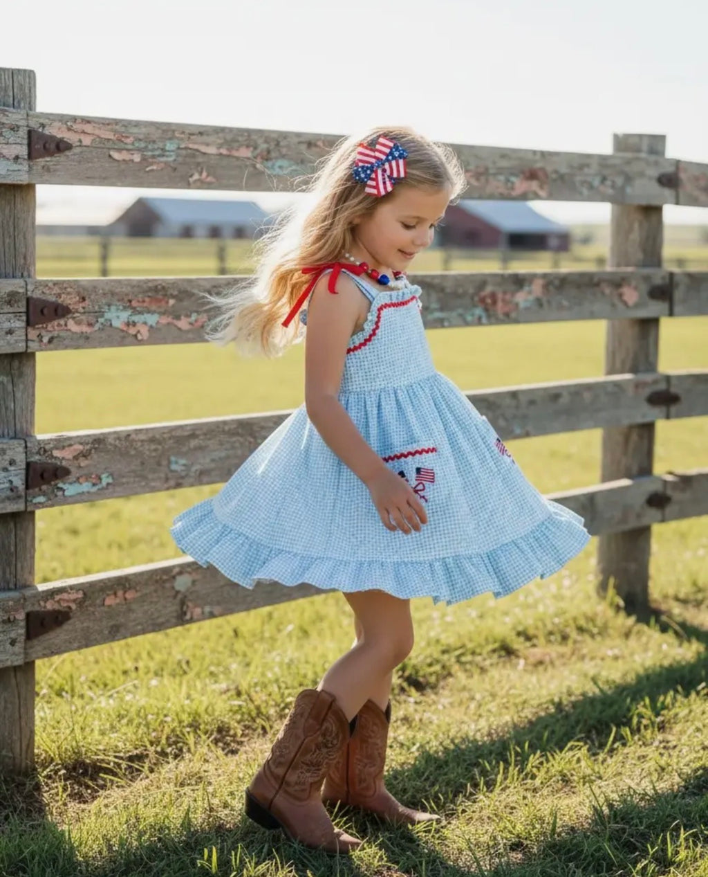 Patriotic Front Pocket Gingham Ruffle Hem Dress